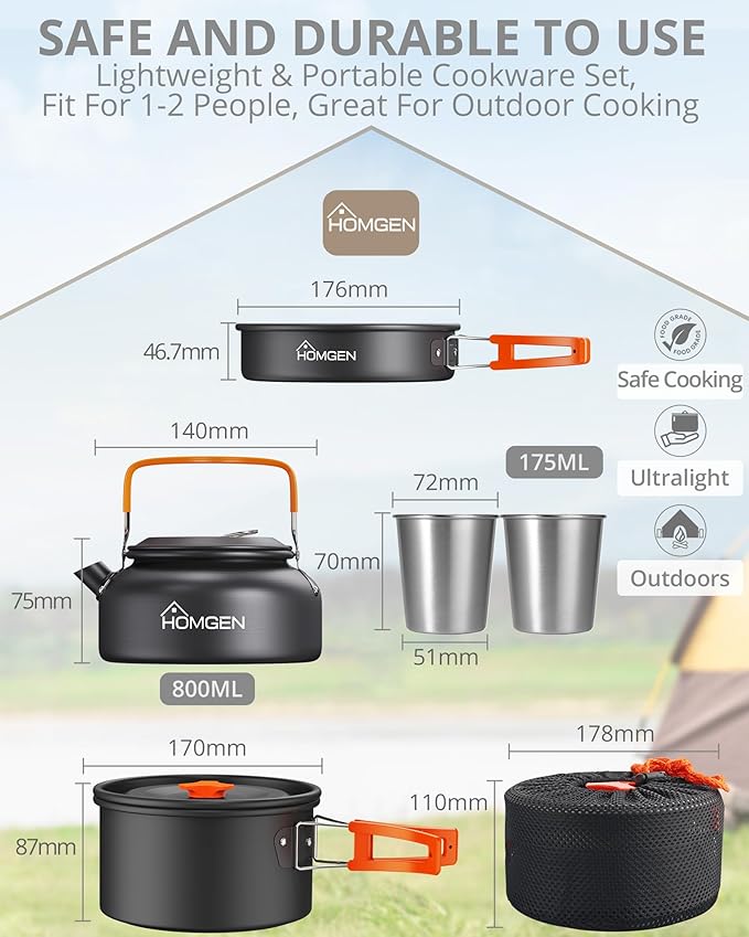 HOMGEN 12-Pieces Ultralight Anodized Aluminum Camping Cookware Set for 2 People - Nesting Pot/Pan with Foldable Handles 800ml Insulated Teapot & Stainless Cups for Camping Hiking