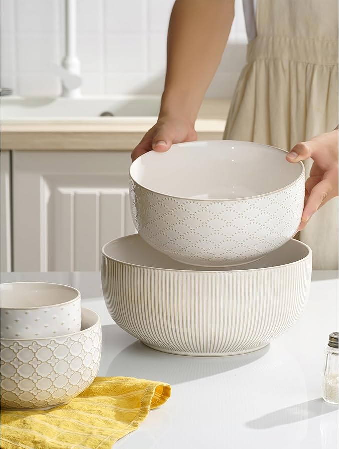 Mikiegy Ceramic Mixing Bowls Set of 4, Nesting Ceramic Embossment Stoneware