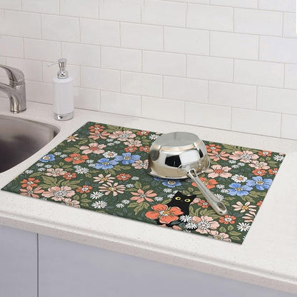 Black Cat Floral Dish Drying Mat