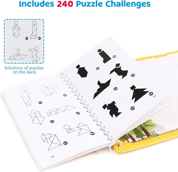 Vanmor Travel Tangram Puzzle - 3 Sets of Magnetic Tangram with 240 Solution - Montessori Shape Pattern Blocks Jigsaw Road Trip Games IQ Book Educational Toy Brain Teaser Gift for Kids Adults Challenge