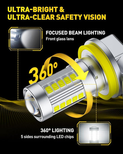 AUXITO Upgraded H11/H8 LED Fog Light Bulbs, 6500K Cool White, 1:1 Mini Size H11/H8/H16 LED Fog Light Bulbs, 360° Full Illumination(Pack of 2)
