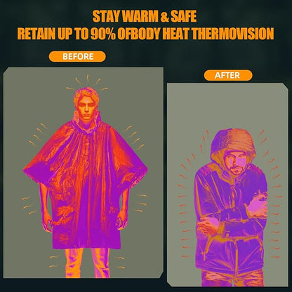 4 Pack Emergency Ponchos with Thickened Mylar Blanket Lining, Windproof, Waterproof, and Thermal Orange Survival Ponchos - Perfect for Outdoor Rescue, Family Camping Gear, Car Emergency Kits