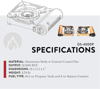 Gas ONE GS-4000P - Camp Stove - Premium Propane or Butane Stove with Convenient Carrying Case - Patented - Great for Camp Stove and Portable Butane Stove for All Cooking Application