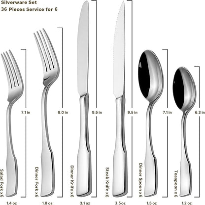 Alata Kate 36-Piece Silverware Set with Steak Knife, Stainless Steel Flatware Set Service for 6, Mirror Polished Cutlery Set Dishwasher Safe