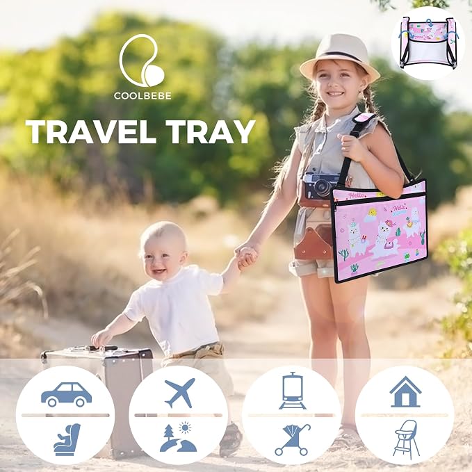 COOLBEBE Kids Travel Tray for Toddler Car Seat, Travel Tray for Airplane, Toddler Car Seat Lap Tray, Carseat Table Tray for Kids Travel Activities (Pink Alpaca)