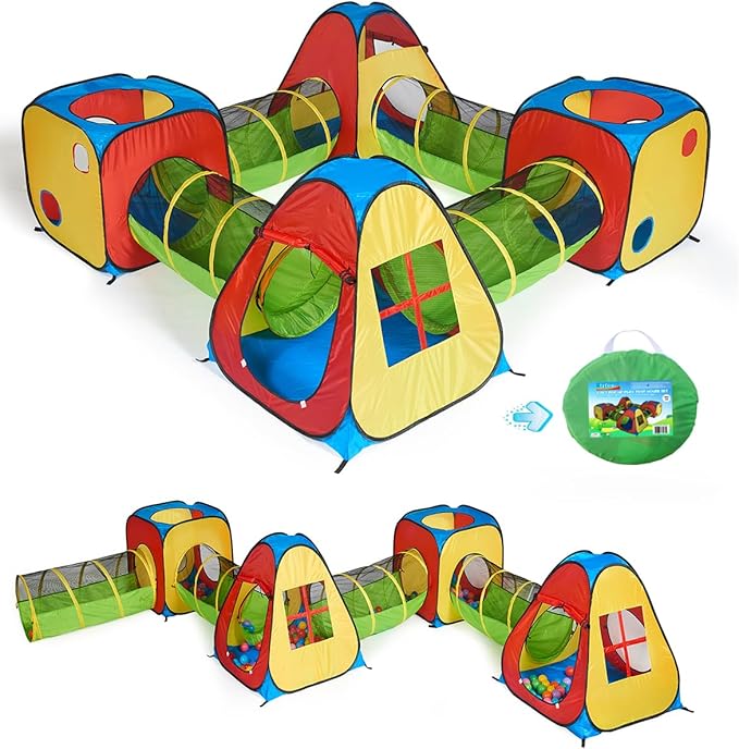 UTEX 8 in 1 Pop Up Children Play Tent House with 4 Tunnel, 4 Tents for Boys, Girls, Babies and Toddlers for Indoor and Outdoor Use