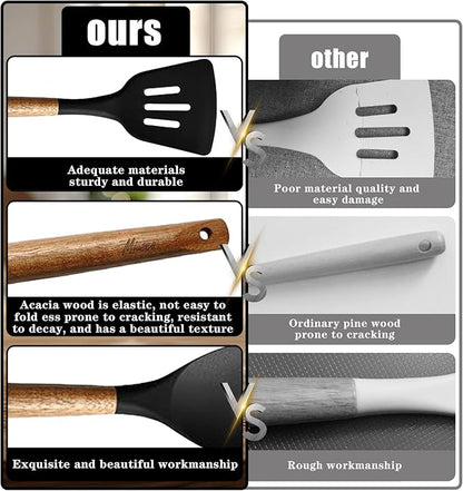 Kitchen Utensils Set, Silicone Cooking Utensils Set,Non-Stick Silicone Spatula Set with Natural Acacia Hard Wood Handle, 5 Piece, Upgraded Thickened Cookware