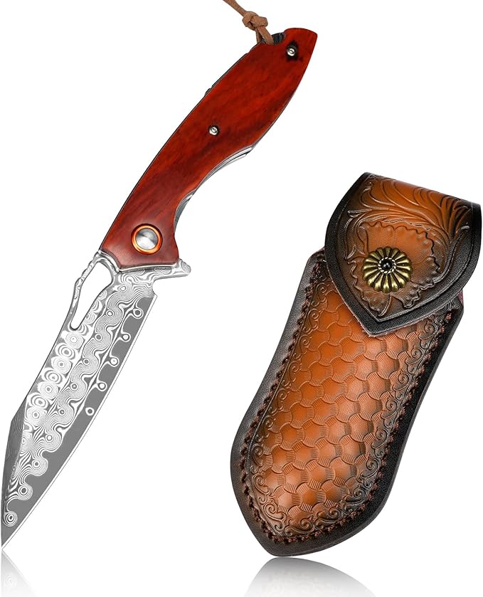 Damascus Pocket Knife 3.5" Damascus Steel Blade Foldable Knives with Wooden Handle EDC Camping Folding Knives for Outdoor Men Women Christmas Birthday Gifts