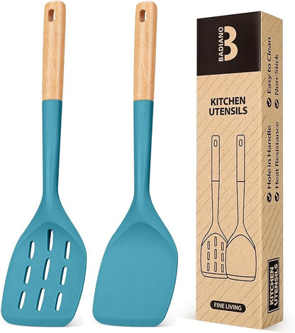 Pack of 2 Silicone Spatula, Non Stick Cooking Utensil Set Wooden Handle Kitchen