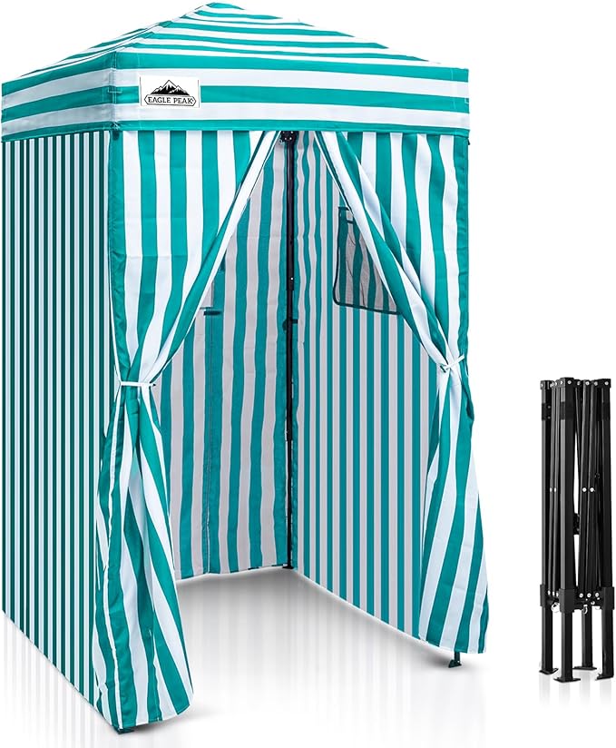 EAGLE PEAK Flex Ultra Compact 4x4 Pop-up Canopy, Sun Shelter, Changing Room, Portable Privacy Canopy Cabana for Pool, Fashion Photoshoots, or Camping, White/Light Blue