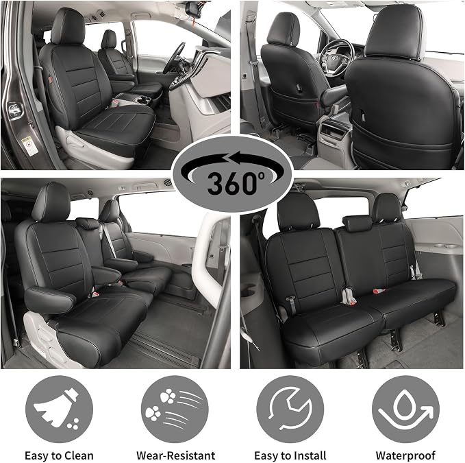 EKR Sienna Seat Covers for 2011-2020 Toyota Sienna L,LE,XLE,Limited,7 Seats,2nd Row Captain Seats W/NO Legrest,Waterproof Car Seat Cover Full Set,Car Seat Protectors- Three Row,Leather(Black)