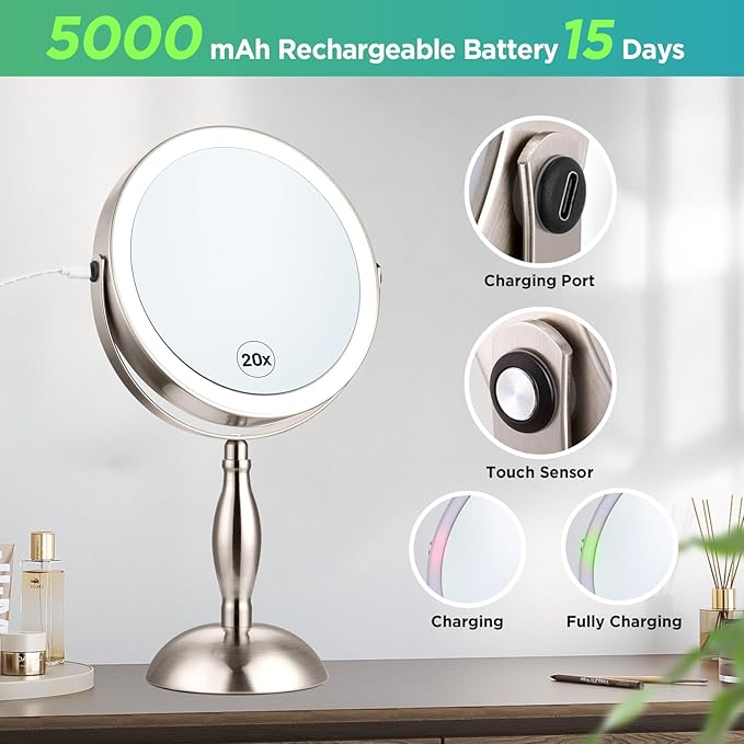 20x Magnifying Mirror with Light, 5000mAh Lighted Makeup Mirror with 3 Color