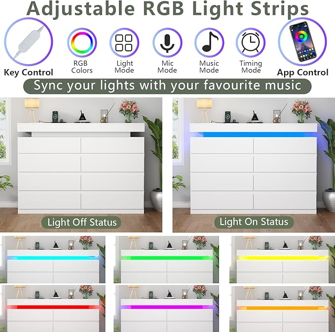 8 Drawer Dresser with Power Outlet, Dresser with LED Light, Modern Chest of