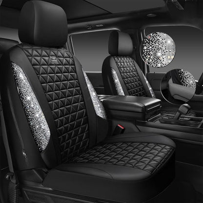 CAR PASS Bling Diamond Leather Car Seat Covers Full Seats Interior Sets, Waterproof Shining Glitter Sparkly Crystal Universal Armrest Fit Automotive Truck SUV Cute Women Girl, Black Silver Rhinestone