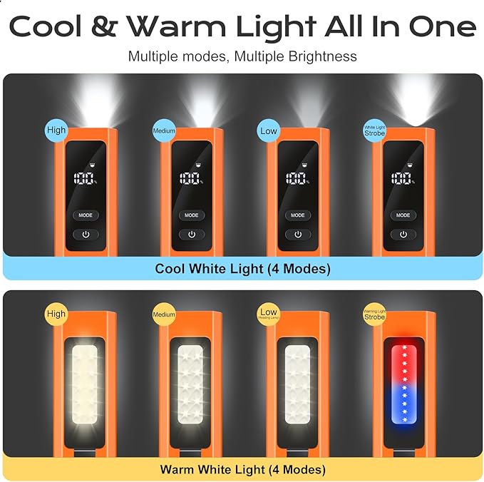 EDC Flashlight 4 in 1 Pocket Magnetic Slim Flat Flashlight High Lumens Work Light with Green Beam & UV Light & Warning Light Combo EDC Rechargeable LT-010 (Orange Color)