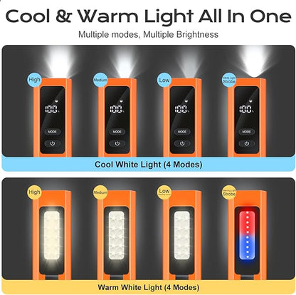 EDC Flashlight 4 in 1 Pocket Magnetic Slim Flat Flashlight High Lumens Work Light with Green Beam & UV Light & Warning Light Combo EDC Rechargeable LT-010 (Orange Color)