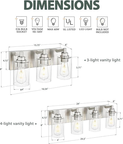 METWET 3-Light Bathroom Light Fixtures, Brushed Nickel Vanity Light