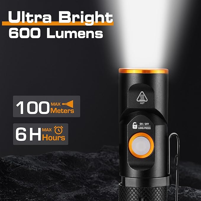 EverBrite 600 Lumens Pocket Flashlight, 90 Degree Tactical Pen Light with Magnet, Type-C Rechargeable with 3 Modes for Night Working, Outdoor, Camping, Emergency