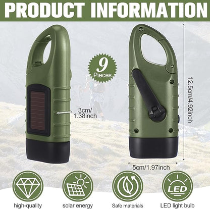 Leelosp 9 Pieces Hand Crank Flashlight Solar Powered Flashlight for Emergencies Dynamo Rechargeable LED Survival Light for Outdoor Sports Hiking Camping (Green)