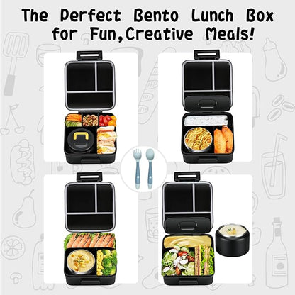 Bento Lunch Box for Kids With 8oz Soup Thermo,Leak-proof Lunch Containers with 5 Compartment,Thermo Food Jar and Lunch Bag, Food Containers for School (A-Black(Circumnavigate Space))