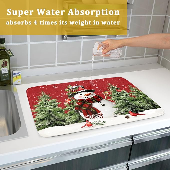 Christmas Dish Drying Mat for Kitchen Counter Snowman Green Christmas Tree