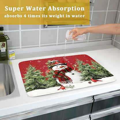 Christmas Dish Drying Mat for Kitchen Counter Snowman Green Christmas Tree