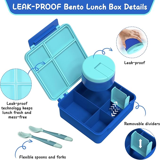 Bento Lunch Box with 8oz Soup Thermo, Leak-Proof Lunch Containers with 4 Compartment, Thermo Hot Food Jar and Insulated Lunch Box for School Blue