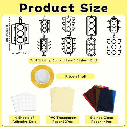 QOUBAI 32 Sets Traffic Light Suncatchers Craft Kit DIY Window Stained Glass Effect Traffic Lamp Paper Crafts Home School Classroom Decoration Kid Birthday Gift Creative Art Project Activity Game