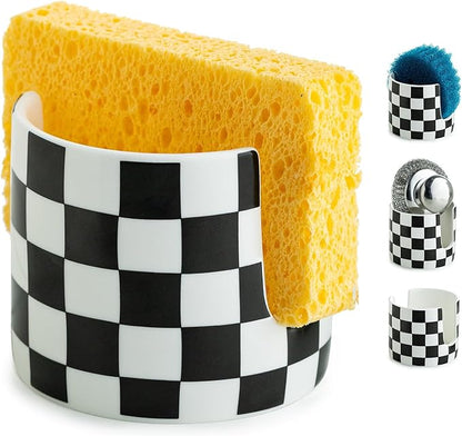 Zoeeker Checkered Kitchen Sink Sponge Holder, Dish Sponge Rack Ceramic Brush