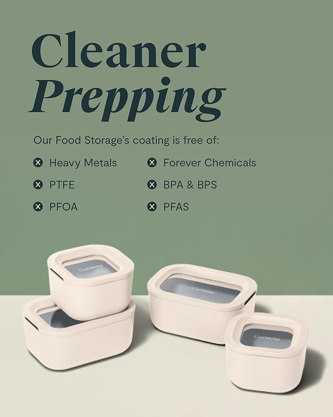 Caraway Mini Food Storage 9pc Set - Glass Storage Containers for Food - Non-Toxic Ceramic-Coated Glass - Air Release Technology - Compact & Stackable Design - Gray