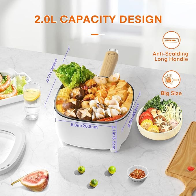 Audecook Hot Pot Electric 2L, Cermic Glaze Non-Stick Frying Pan 8 Inch