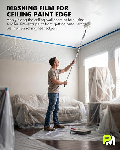 Pre-Taped Masking Film for Painting(1 Roll) - 44" x 66'Painters Plastic Sheeting with Tape and Drape, Painters Drop Cloth for Automotive & Home, Cover for Walls/Floors/Windows/Cars Protection