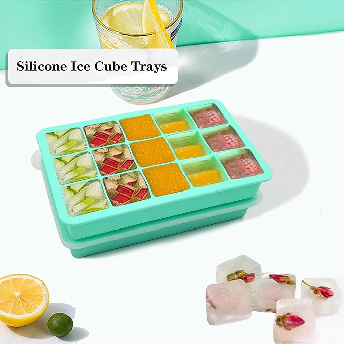 2 Pack Silicone Ice Cube Trays, Easy Release Flexible-15 Cubes Ice Cube Molds