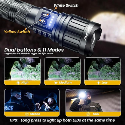 5000mAh Rechargeable High Lumens Flashlight with Warm/White Light - 11 Modes Zoomable Tactical, Waterproof for Camping, Emergency, Outdoor Travel