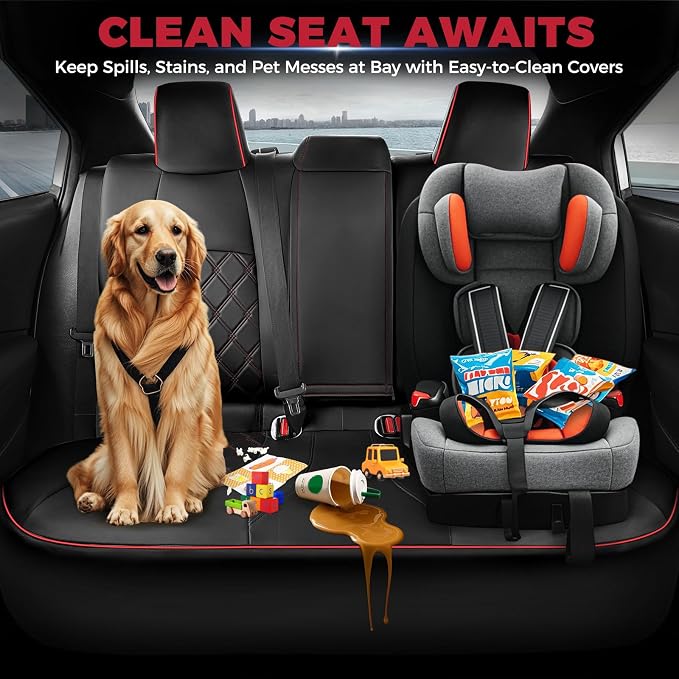FREESOO for Toyota Corolla Seat Covers LE 2023 2024 2025 2026, Custom Fit Car Seat Covers Full Set, Waterproof Car Seat Cover Protector, Luxury Leather Seat Covers for Cars, Black Red Full Set