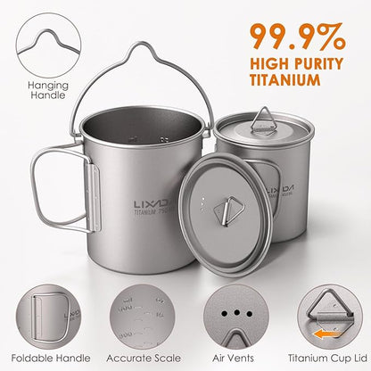 Lixada Titanium Camping Cookware with Folding Spork, 750ml Camping Titanium Pot & 450ml Coffee Mug with Foldable Handle & Lid, Portable Outdoor Camping Cookware Set for Backpacking Hiking Cooking