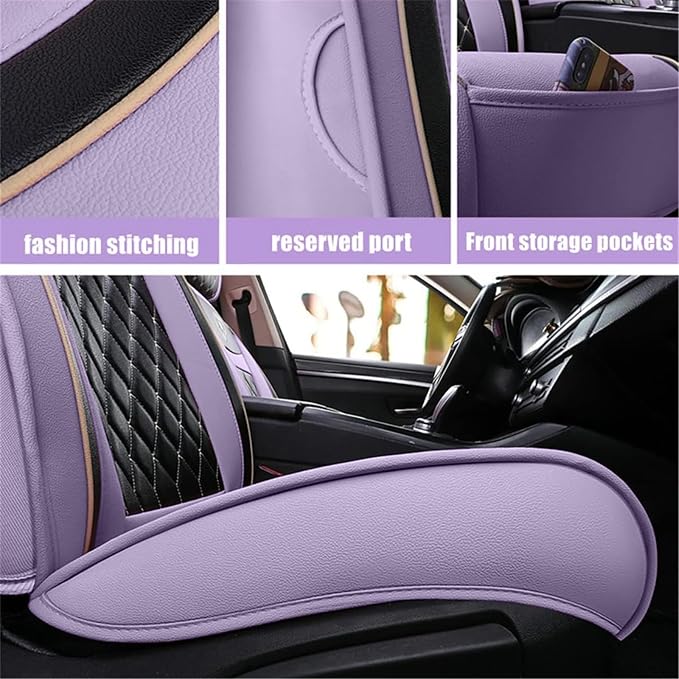 Car Seat Covers Full Set, Super Luxurious Heavy Universal Duty Waterproof Leather Automotive Vehicle Cover for Cars SUV Pick-up Truck, Non-Slip Seat Purple Car Accessories (Full Set/Light purple)