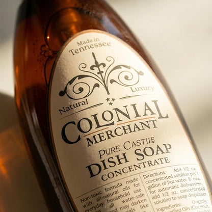 Colonial Merchant Pure Castile Dish Soap Concentrate, Fragrance‑Free, Plant‑Based & Detergent‑Free, Made with Organic Saponified Oils, Gentle Family‑Safe Dish Soap, Made in USA