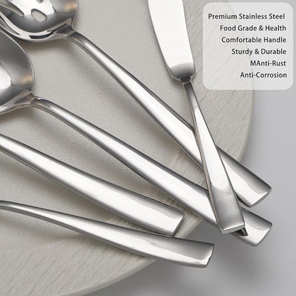 Large Hostess Serving Utensils Set, Stainless Steel Heavy Duty Serving spoons, Slotted Spoons, Serving Fork, Cake Server, Butter Knife, Dishwasher Safe (Silver)