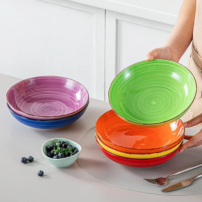 vancasso Bonita Pasta Bowls Set of 6, 38 oz Shallow Bowls, Ceramic Pasta Plates and Salad Bowls, Microwave & Dishwasher Safe Serving Bowls, Assorted Colors