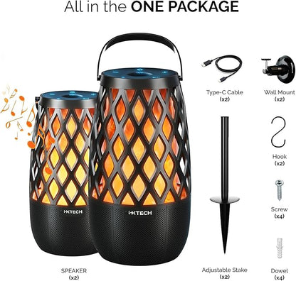 IXTECH Outdoor Bluetooth Speaker Waterproof Wireless Portable Speaker with LED Flame Lights Linkable Torch Lantern for Party Pool Camping Halloween Christmas Birthday Gift 2 Pack