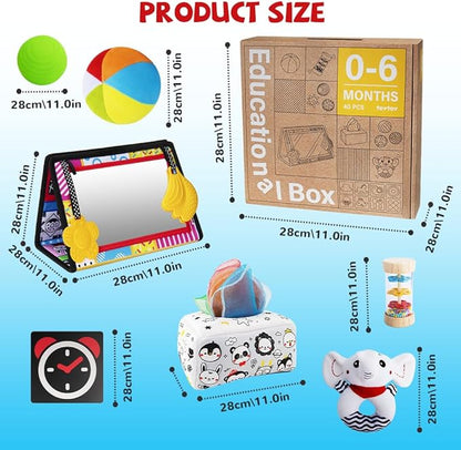 Montessori Toys for Babies 0-6 Months,7 in 1 Newborn Toys Baby Gifts Set Early Learning Toys with Black & White Baby Flashcards,Tummy Time Mirror,Baby Rattle,Sensory Balls,Tissue Box,Rain Stick