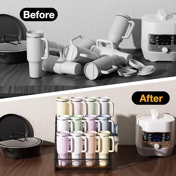 MOJOHAND Water Bottle Organizer for Full Stanley and Others' Large Tumbler Organization, Pantry Kitchen Organizers and Storage for Cup Accessories, Water Bottle Holder Wine Rack - 3 Tier Hold 12