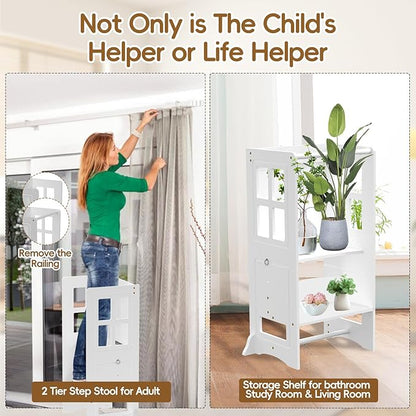 4 in 1 Toddler Kitchen Stool Helper Tower, Adjustable-Height Toddler Step Stool with Double-Sided Whiteboard, Anti-Slip Protection, Kids Learning Standing Tower for Kitchen Counter Bathroom Sink