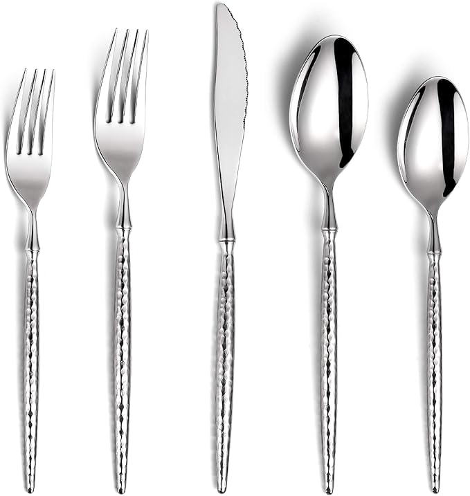 Lemeya 20-Piece Hammered Silverware Set,18/10 Stainless Steel Forging Heavy Duty Cutlery Set for 4, Luxury Unique Flatware Set,Spoons and Forks Set,Mirror Polished,Dishwasher Safe