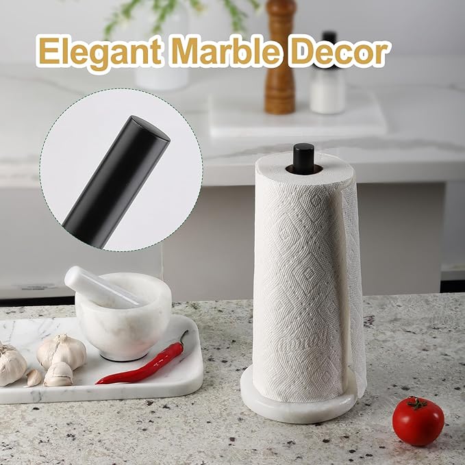 Koville African Genuine Marble Paper Towel Holder Countertop, Metal Rod 6"