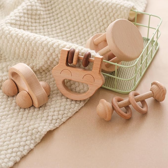 Wooden Baby Rattle Set, Newborn Wooden Rattle Toy, Natural Wooden Montessori Baby Grip Toy, Baby Gift Toy, Wood Rattle Set-4