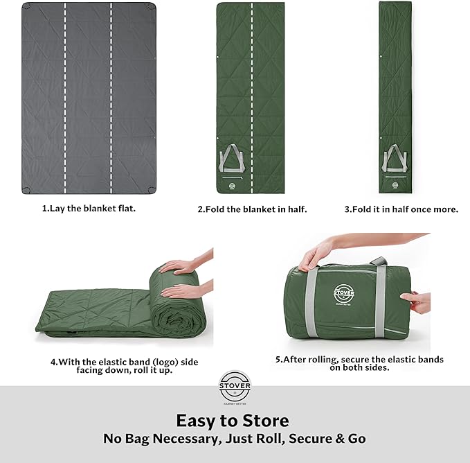 STOVER Waterproof Stadium Blanket – Portable Outdoor Camping Blanket for Travel, Picnics, or Sports – Warm, Windproof, Lightweight, and Packable (Alpine Green)
