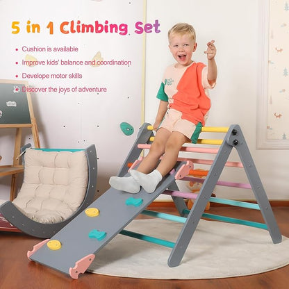 Pikler Triangle Set with Cushion Large, 5 in 1 Toddler Climbing Toys Indoor, Montessori Foldable Climbing Set for Kids, Wooden Playground Jungle Gym with Ramp, Arch and Ladder(Color-A)