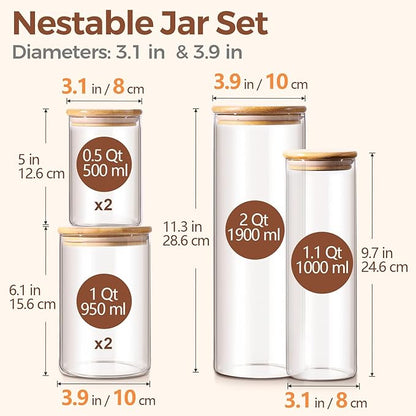 ComSaf Glass Food Storage Jars Set of 6, Clear Glass Storage Containers with Lids, Canisters Sets for the kitchen, Spaghetti, Pasta, Flour, Nuts, Oat, Coffee and Sugar Container, Pantry Organization